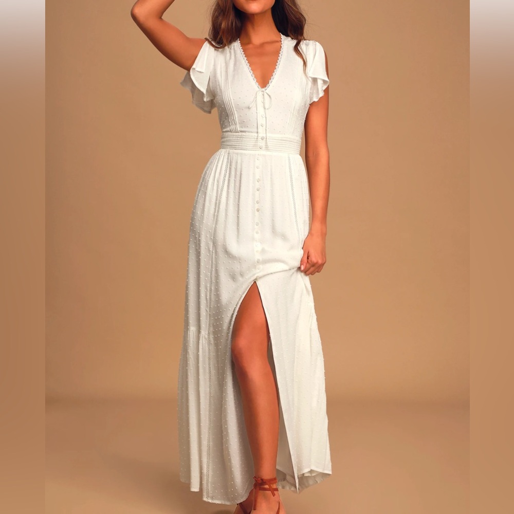 White Swiss dot button-front maxi dress